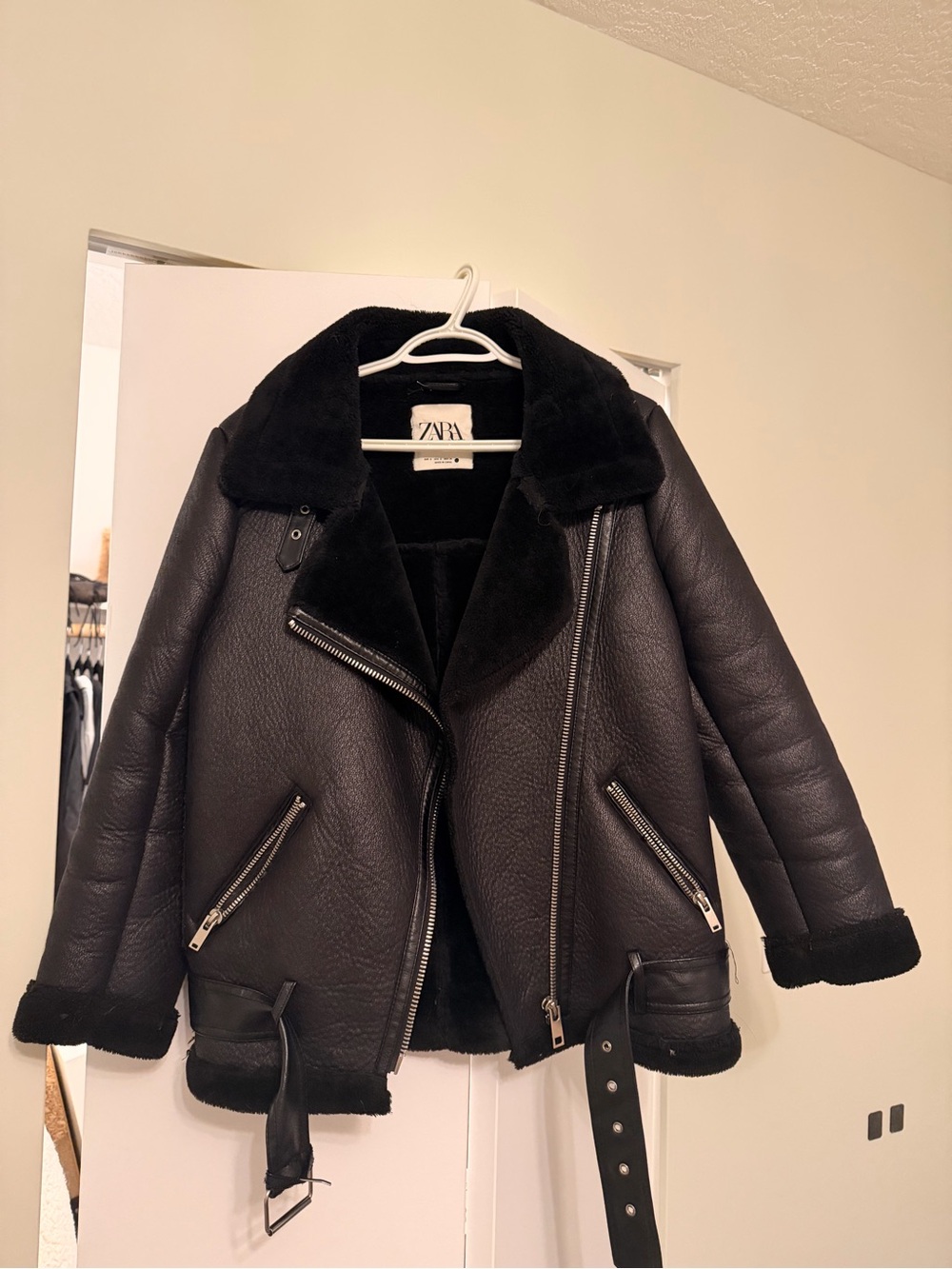 Zara Black Faux Shearling Moto Jacket